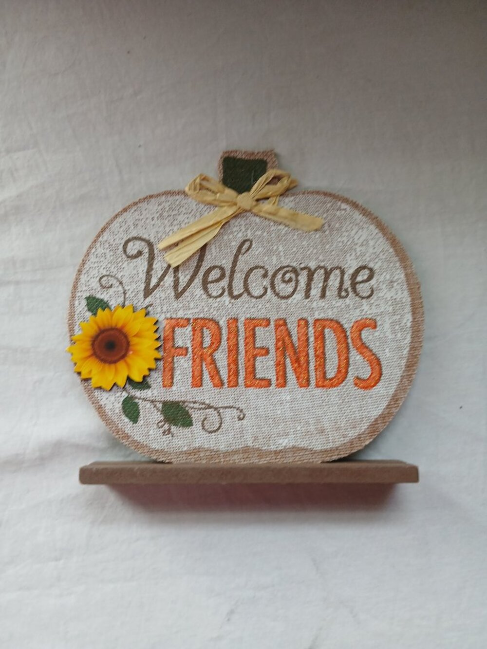 Welcome Friends Pumpkin Sign Tan Yellow Daisy MDF Fall Decor